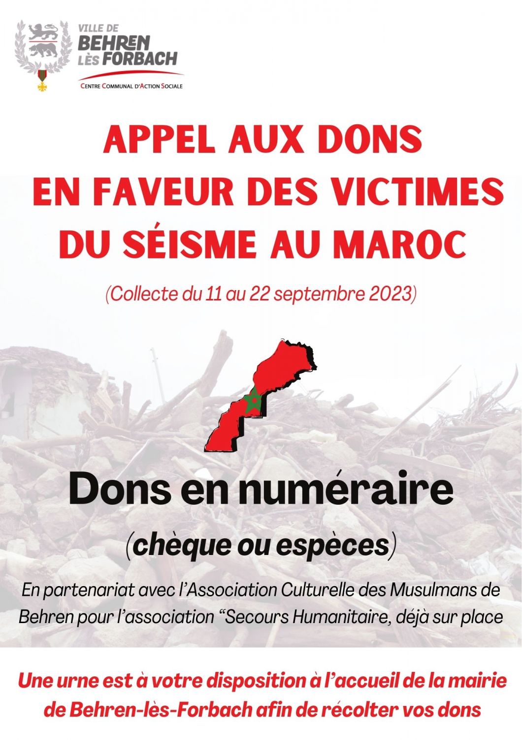 La collecte en faveur des victimes du séisme au Maroc est toujours ouverte à Behren-lès-Forbach