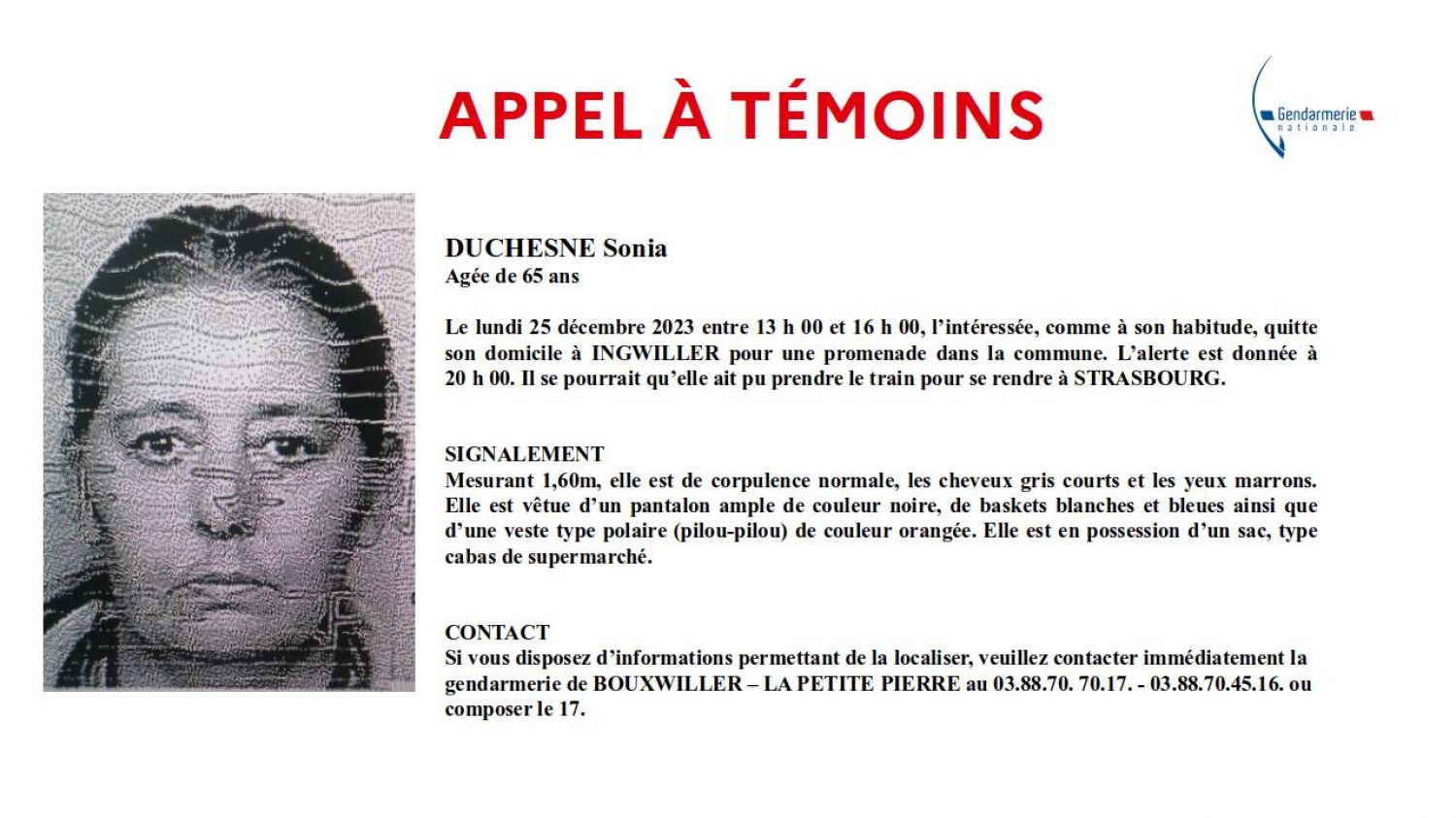 Une sexagénaire a disparu à Ingwiller