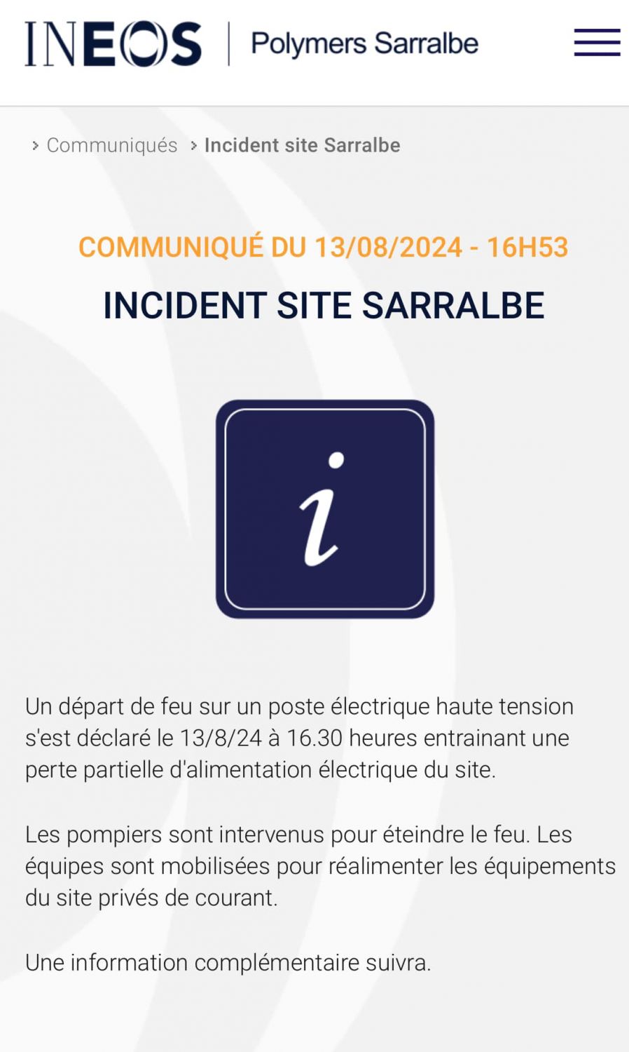 Un incendie a eu lieu hier sur le site Ineos à Sarralbe